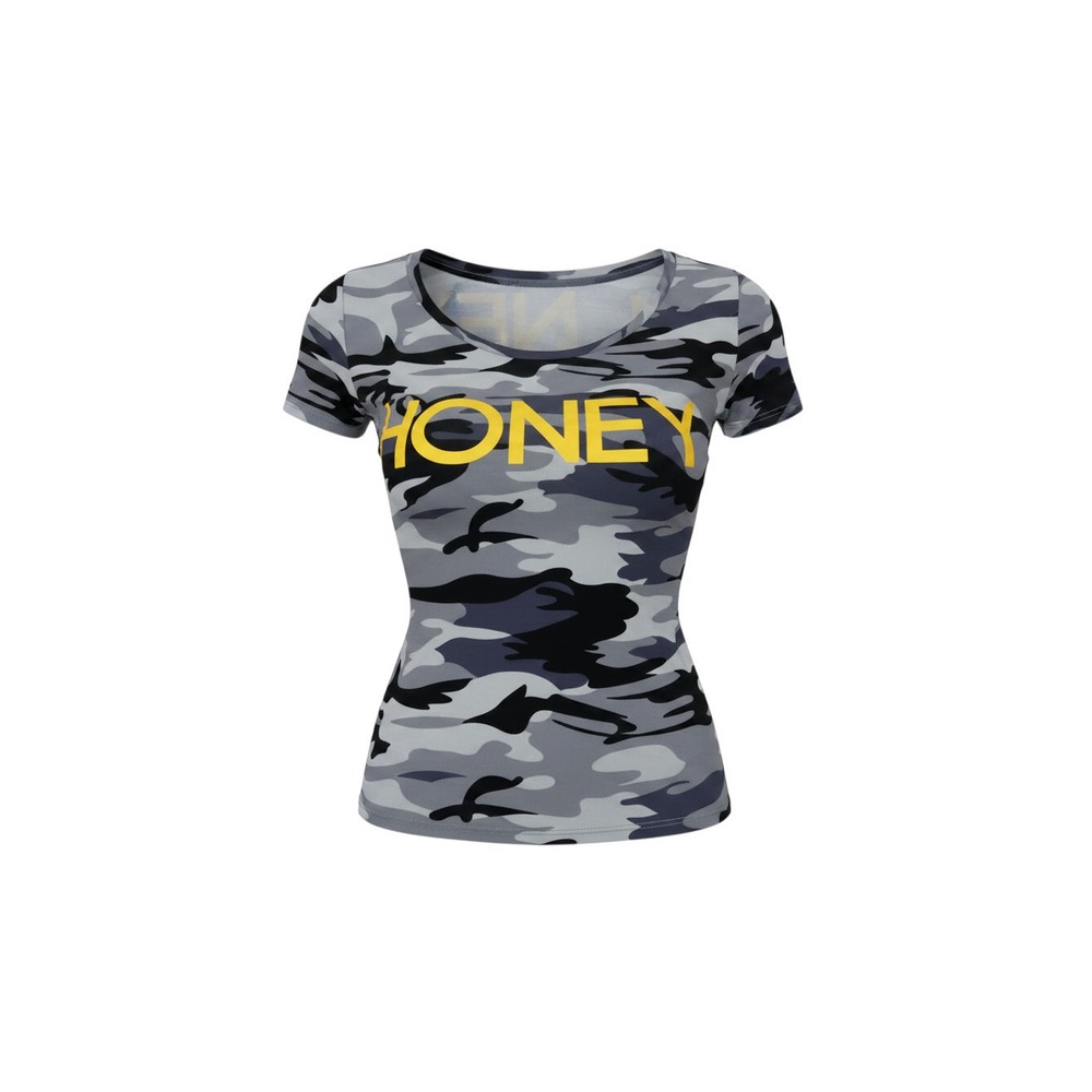 LA Gypsy T-Shirt Womens Medium Gray Camo NWT Honey Graphic Scoop Neck Tee